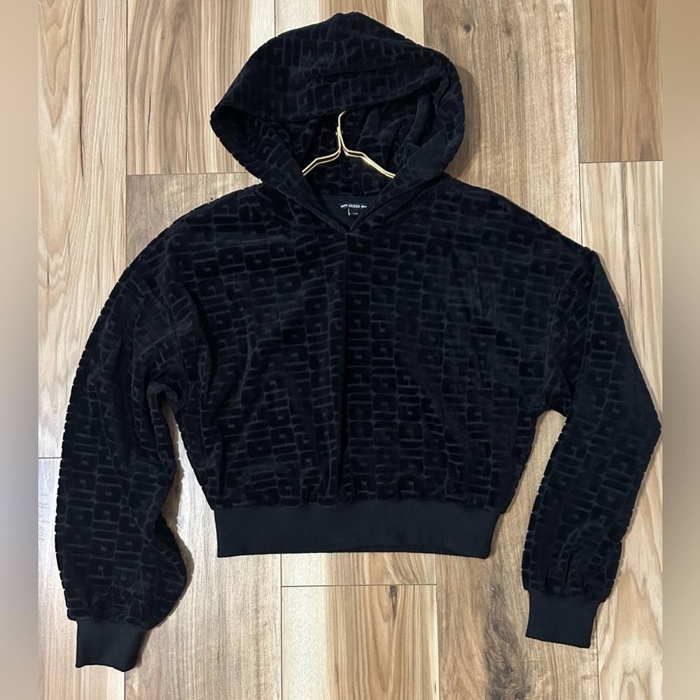Guess Black Velvet Textured Sweatshirt Hoodie Size S